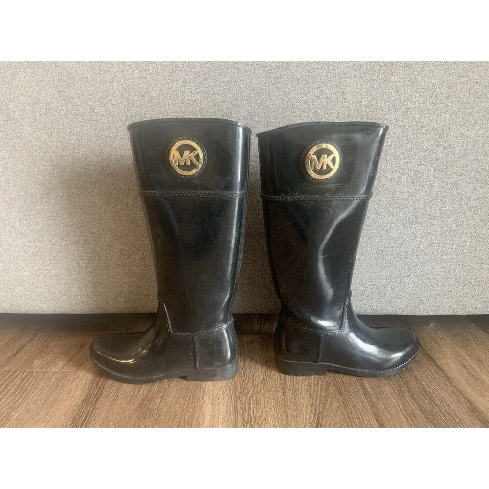 MK Knee High Shiny Black Rain Boots Almond Toe Gold Logo Womens Size 7
